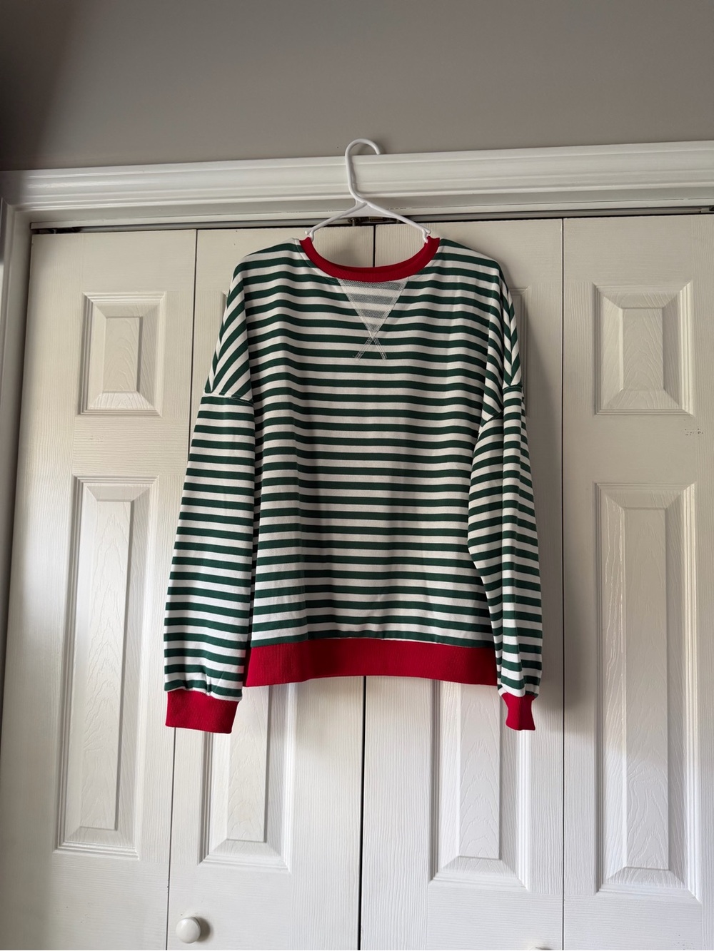 Women Green & White Striped Crewneck Sweater with Red Trim